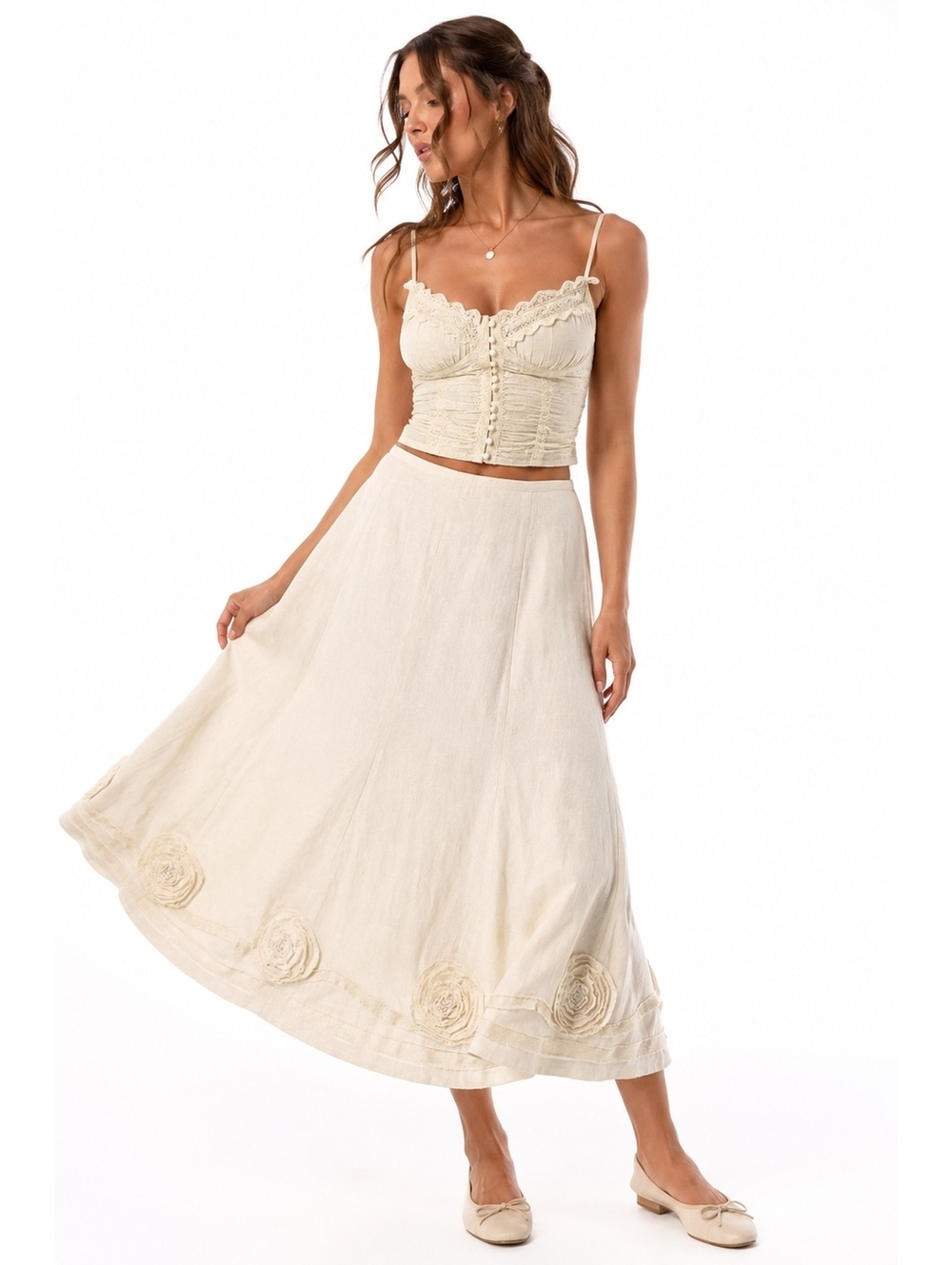 Emma James Ivory Linen Blend Rosette Midi Skirt Size 18 Cottagecore Boho